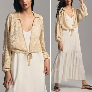 By Anthropologie Beige Lace Front-Tie Cropped Cardigan Sweater, Size XS/S